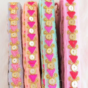Mint Green Tissue Fabric Trim In Pink & Gold Embroidery With Gold Sequins, , Lace Trim By 2 Yards Indian Decorative Trim